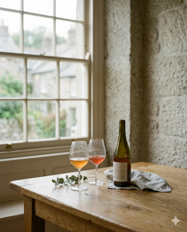 Two glasses of natural wine and an open bottle on a worn oak table beside a sash window at The Neighbourhood