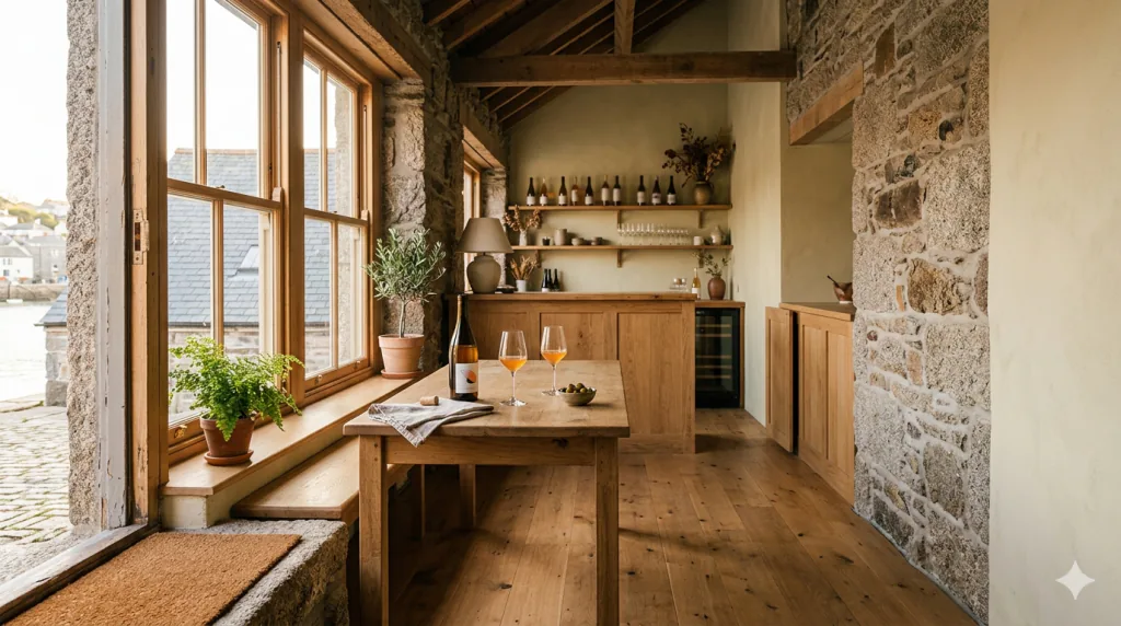 Two glasses of orange wine and an open bottle on an oak table by a sash window, Penryn harbour beyond and wine shelves against exposed granite