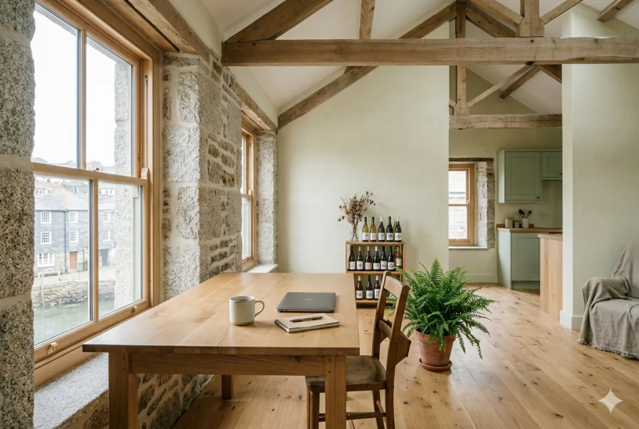 A calm oak table set for morning work with filter coffee and a laptop, in the light-filled loft