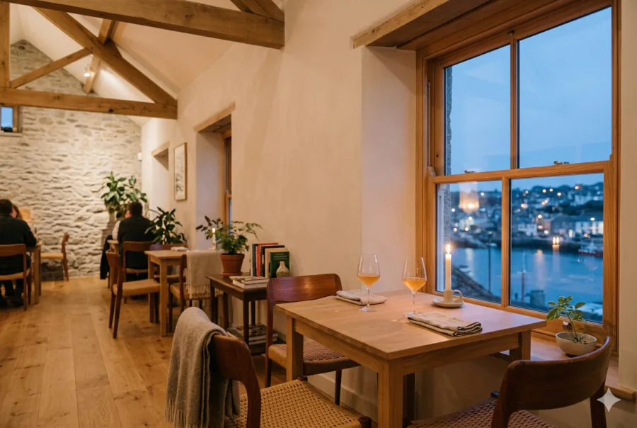 A candlelit table for two by the window at dusk, overlooking Penryn harbour