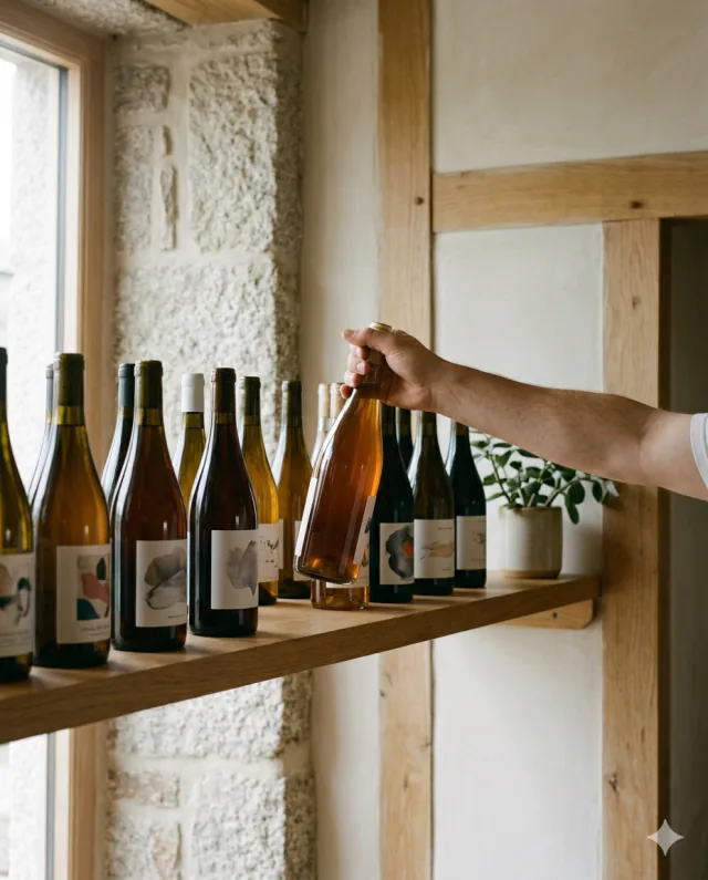 A hand selecting a bottle of orange natural wine from the curated shelf at The Neighbourhood