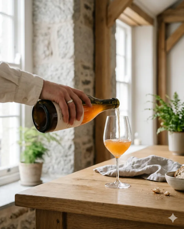 A glass of orange natural wine being poured at an oak table in soft daylight