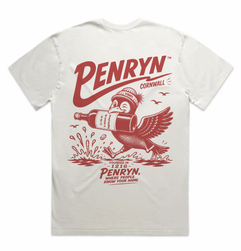 The Neighbourhood&rsquo;s cream Penryn t-shirt with a red illustrated print of a bird carrying a wine bottle